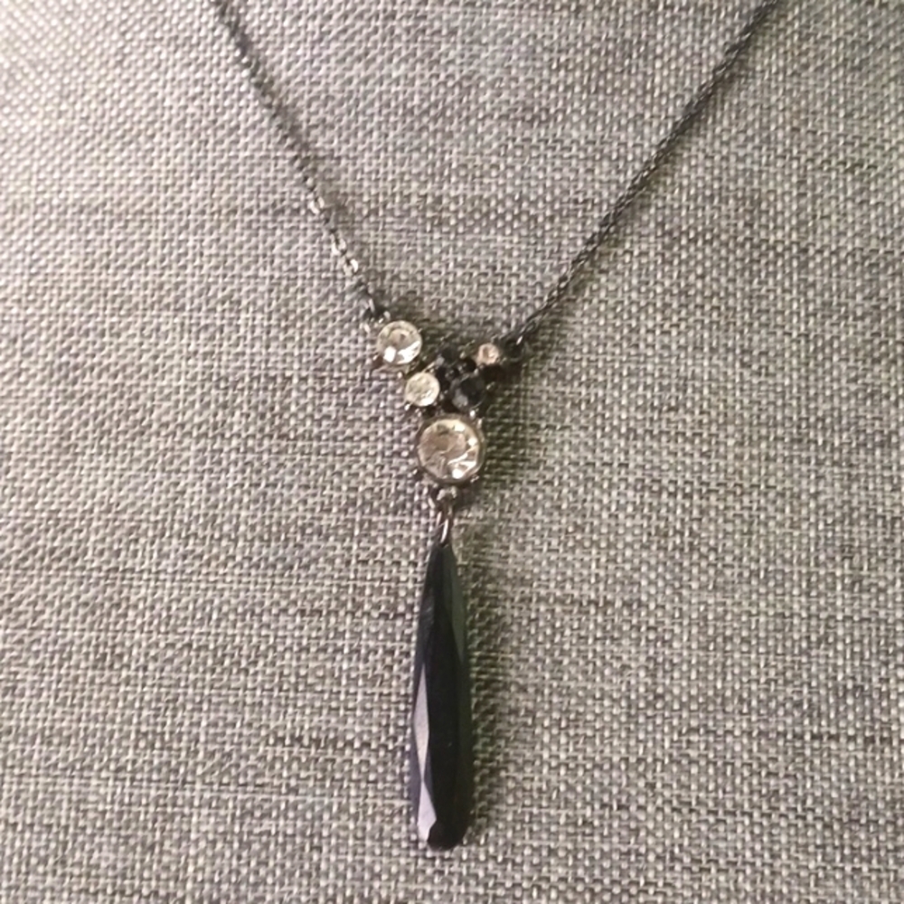 Sophisticated Black Necklace - Asymmetrical Pendant Crystals - Pre-loved (17")